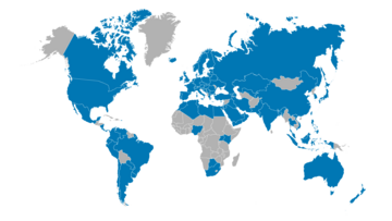 eine Weltkarte mit den Standorten von Arvato Healthcare, diese Länder sind blau hervorgehoben, andere sind grau