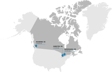 Map of Arvato's fulfillment network in Canada showing warehouse locations in Richmond, British Columbia, Hamilton, Ontario, and Mississauga, Ontario, including facility sizes.