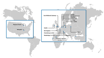 Eine Karte der Vertriebsstandorte: Memphis in den USA und 17 Standorte in Europa.